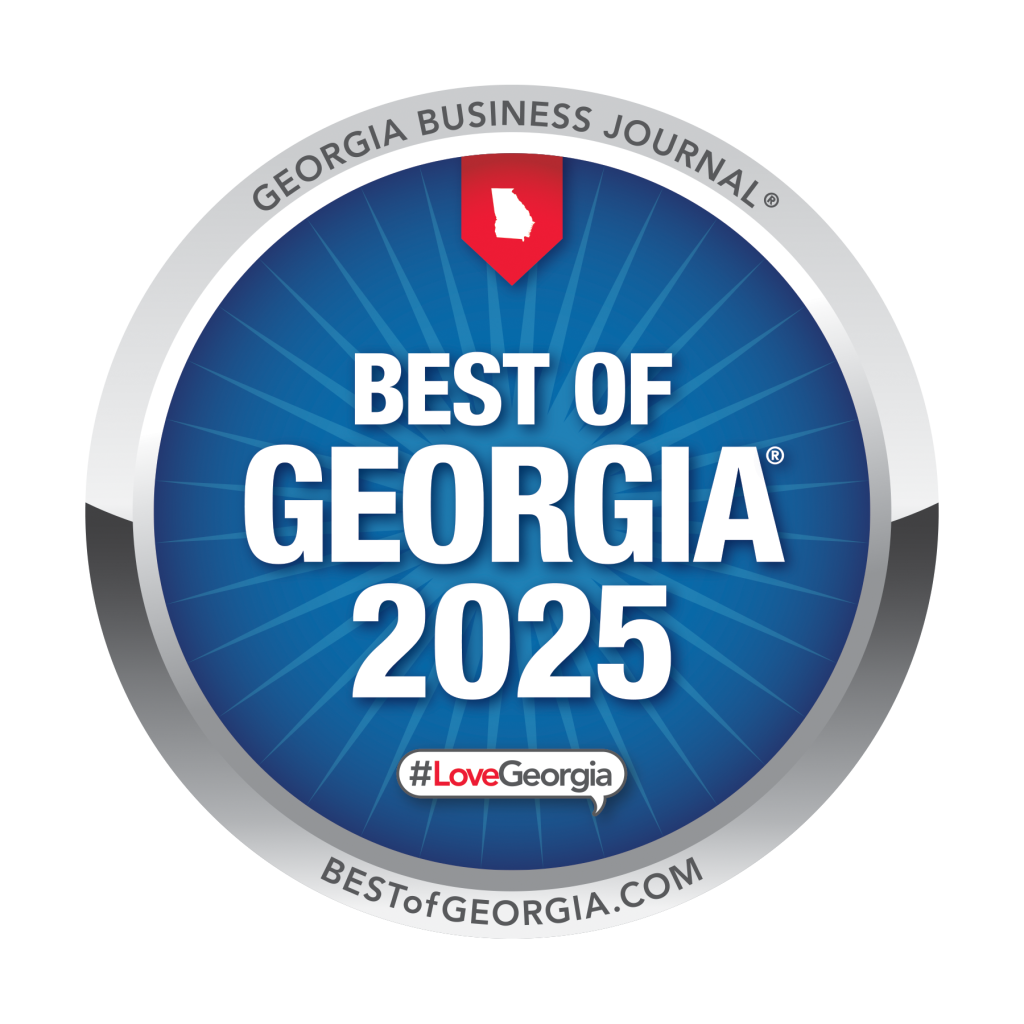 Circular badge saying Best of Georgia 2025 with a blue radial background and a Georgia state silhouette in a red ribbon at the top, plus #LoveGeorgia at the bottom