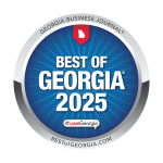 Circular badge saying Best of Georgia 2025 with a blue radial background and a Georgia state silhouette in a red ribbon at the top, plus #LoveGeorgia at the bottom